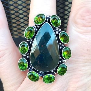 New Oversized Faceted Bloodstone and Peridot 925 Silver Ring.
